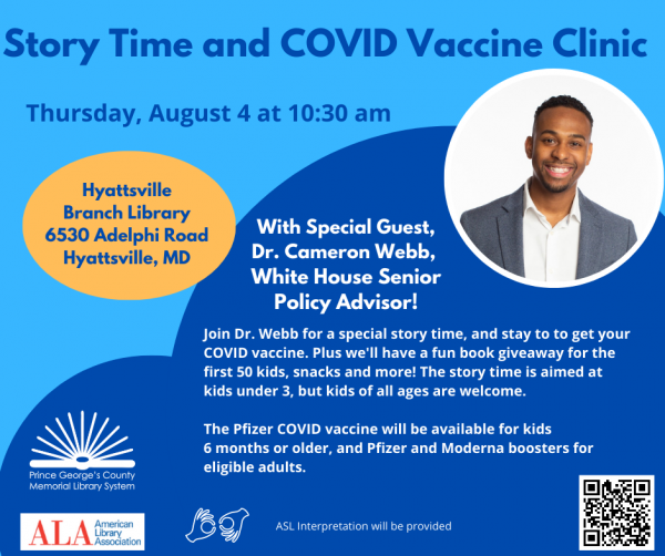 Image for event: Storytime with Dr. Cameron Webb &amp; COVID-19 Vaccine Clinic